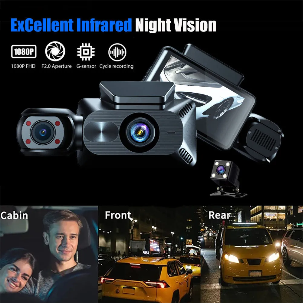 3 Channel Dash Cam Built-in WiFi Front and Rear Inside Dash