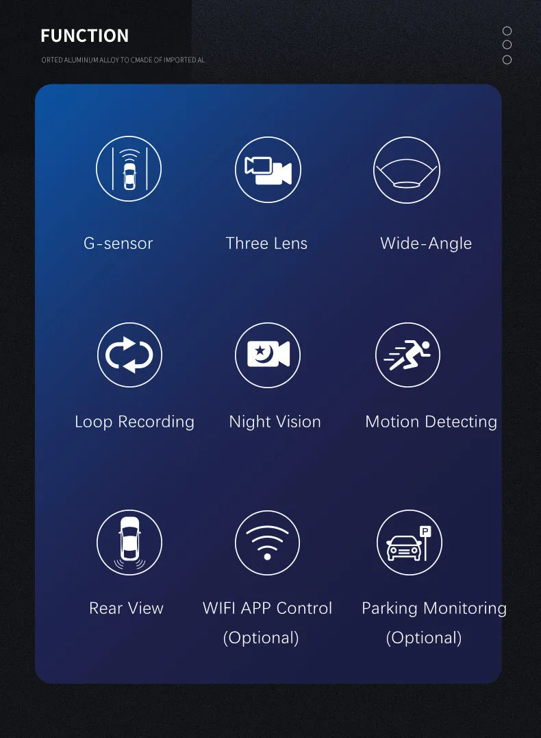 3 Channel Dash Cam Built-in WiFi Front and Rear Inside Dash