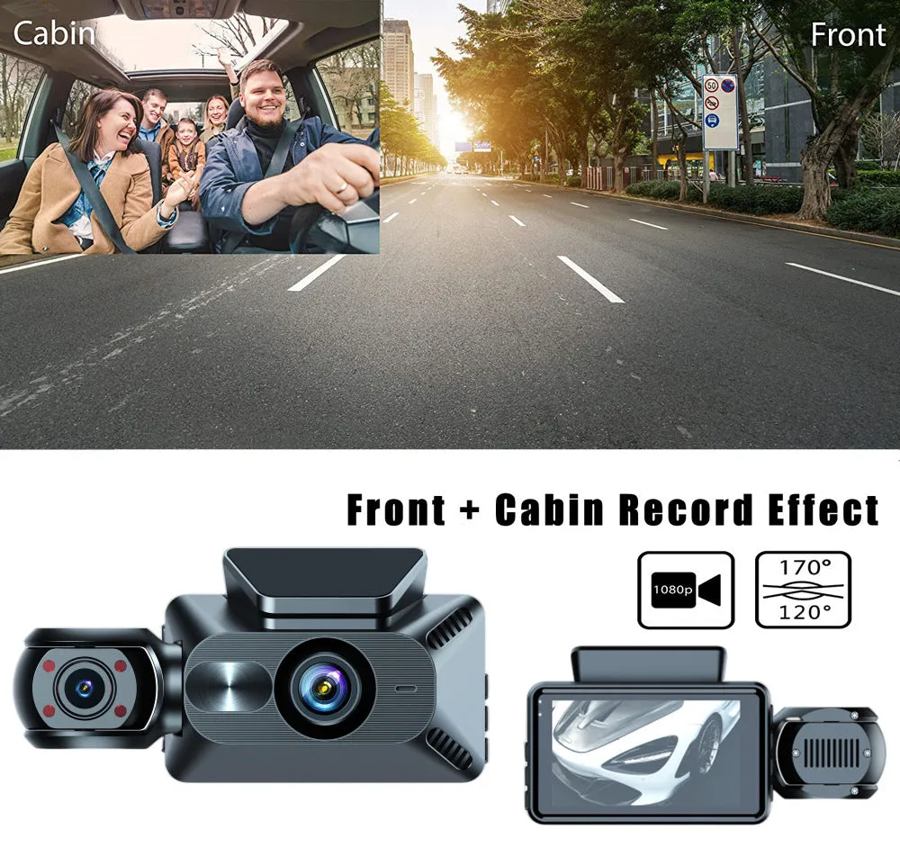 3 Channel Dash Cam Built-in WiFi Front and Rear Inside Dash
