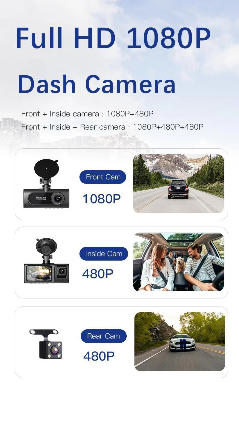 3 Channel Dash Cam Camera, Front Inside and Rear Camera WiFi