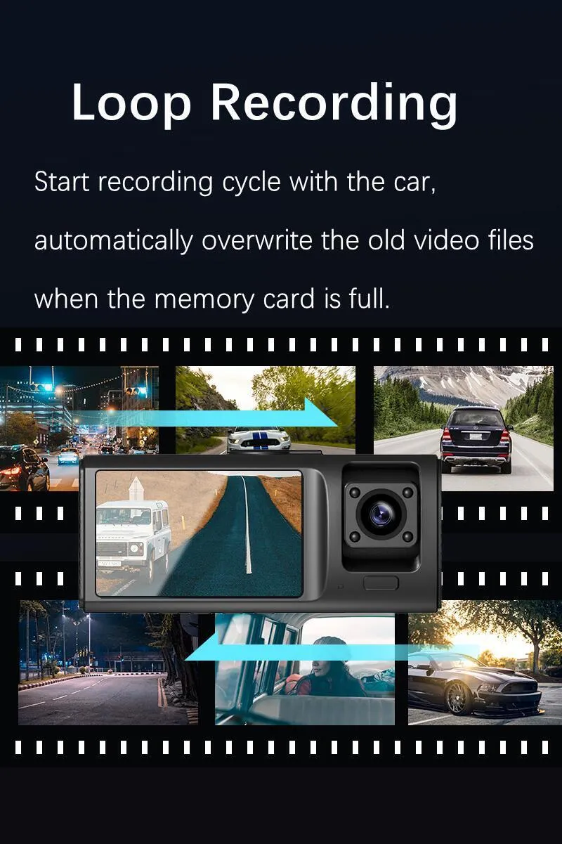 3 Channel Dash Cam Camera, Front Inside and Rear Camera WiFi