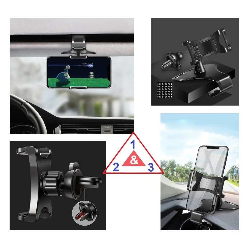 3 in 1 Car GPS Smartphone Holder: Dashboard / Visor Clamp   AC Grid Clip for MAXCOM SMART MS457 (2018) - Black