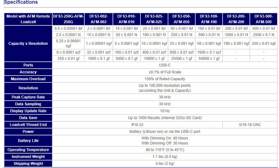 Ametek Chatillon  DFS3-002-AFM-002 Digital Force Gauge 2 x 0.0001 lbf - Remote Loadcell - 2 x 0.0001 lbf, 10 x 0.0001 N, 1 x 0.00001 kgf, 32 x 0.001 ozf, 1000 x 0.1 gf