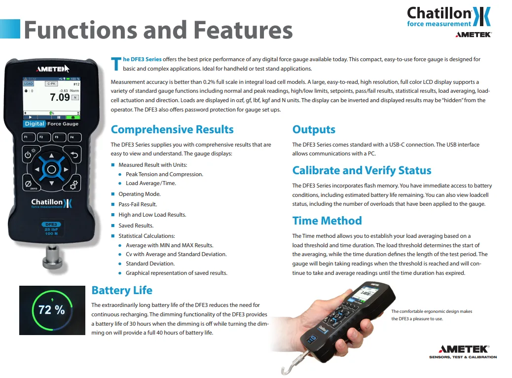 Ametek Chatillon DFS3-050 Digital Force Gauge - 50 x 0.001 lbf, N 250 x .01N, Kgs 25 x.001Kg, ozf 800 x .01ozf, gf 25000 x 1gf