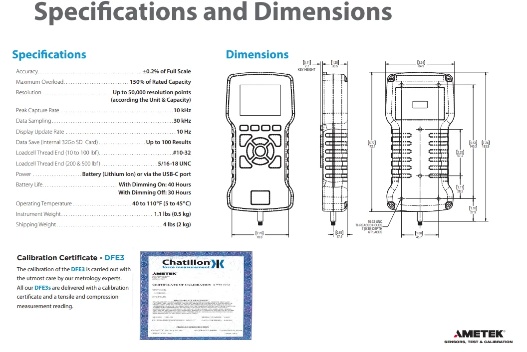 Ametek Chatillon DFS3-050 Digital Force Gauge - 50 x 0.001 lbf, N 250 x .01N, Kgs 25 x.001Kg, ozf 800 x .01ozf, gf 25000 x 1gf