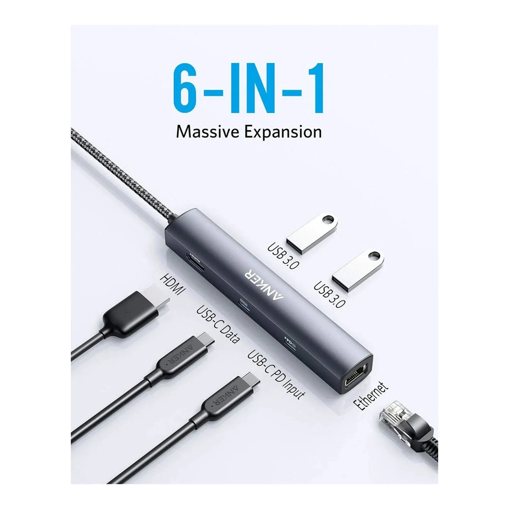 Anker A83650A2 PowerExpand 6-in-1 USB C PD Ethernet Hub with 65W Power Delivery