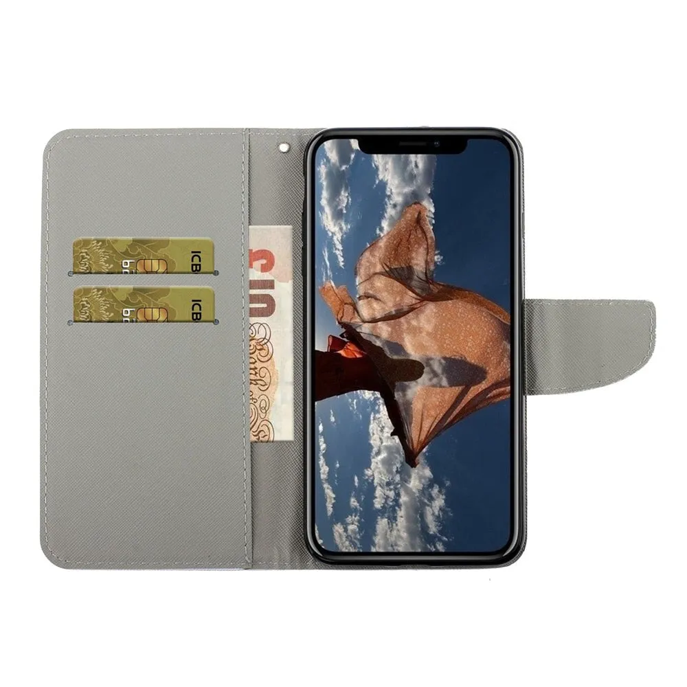 Anymob iPhone Case Black with Butterfly lights Flip Leather Wallet Stand Cover Phone Bag Shell