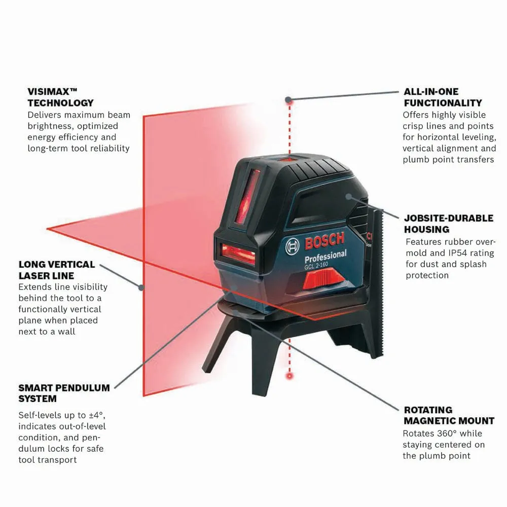 Bosch GCL 2-160 Self-Leveling Cross-Line Laser with Plumb Points
