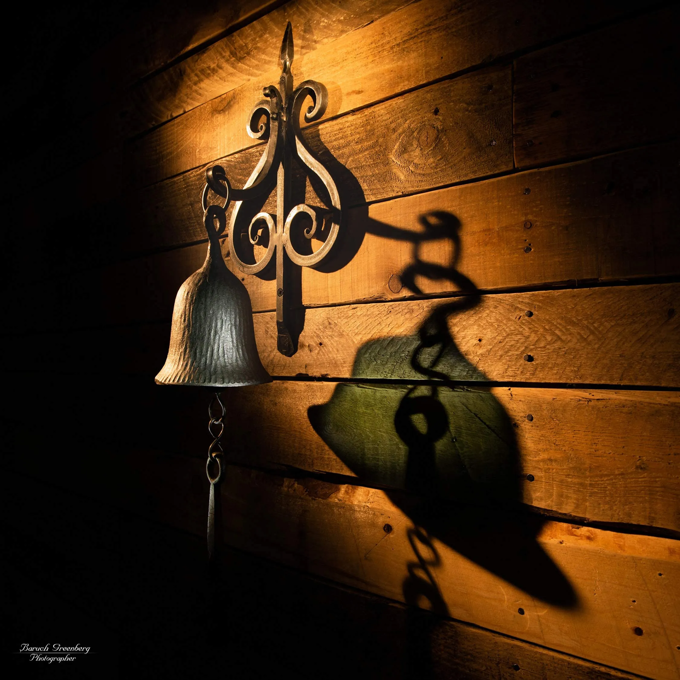 Dinner Bell, Cast Iron Design, Featured On An Antique Vintage Rustic Farmhouse Bracket
