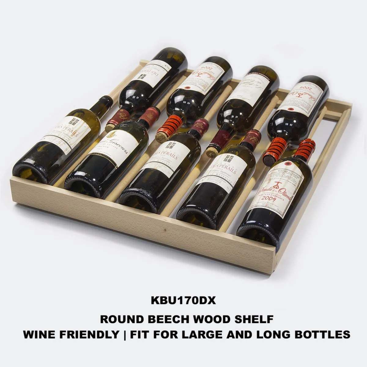 Dual zone wine cooler refrigerator with optimized full-extension pull-out wood shelves for the storage of California Large Red wine bottles. Equipped with Embraco inverter compressor