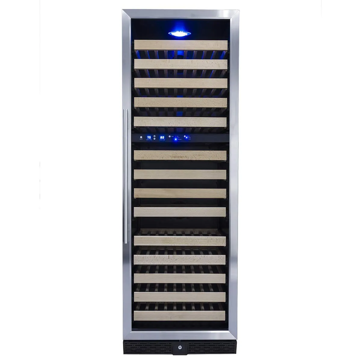 Dual zone wine cooler refrigerator with optimized full-extension pull-out wood shelves for the storage of California Large Red wine bottles. Equipped with Embraco inverter compressor