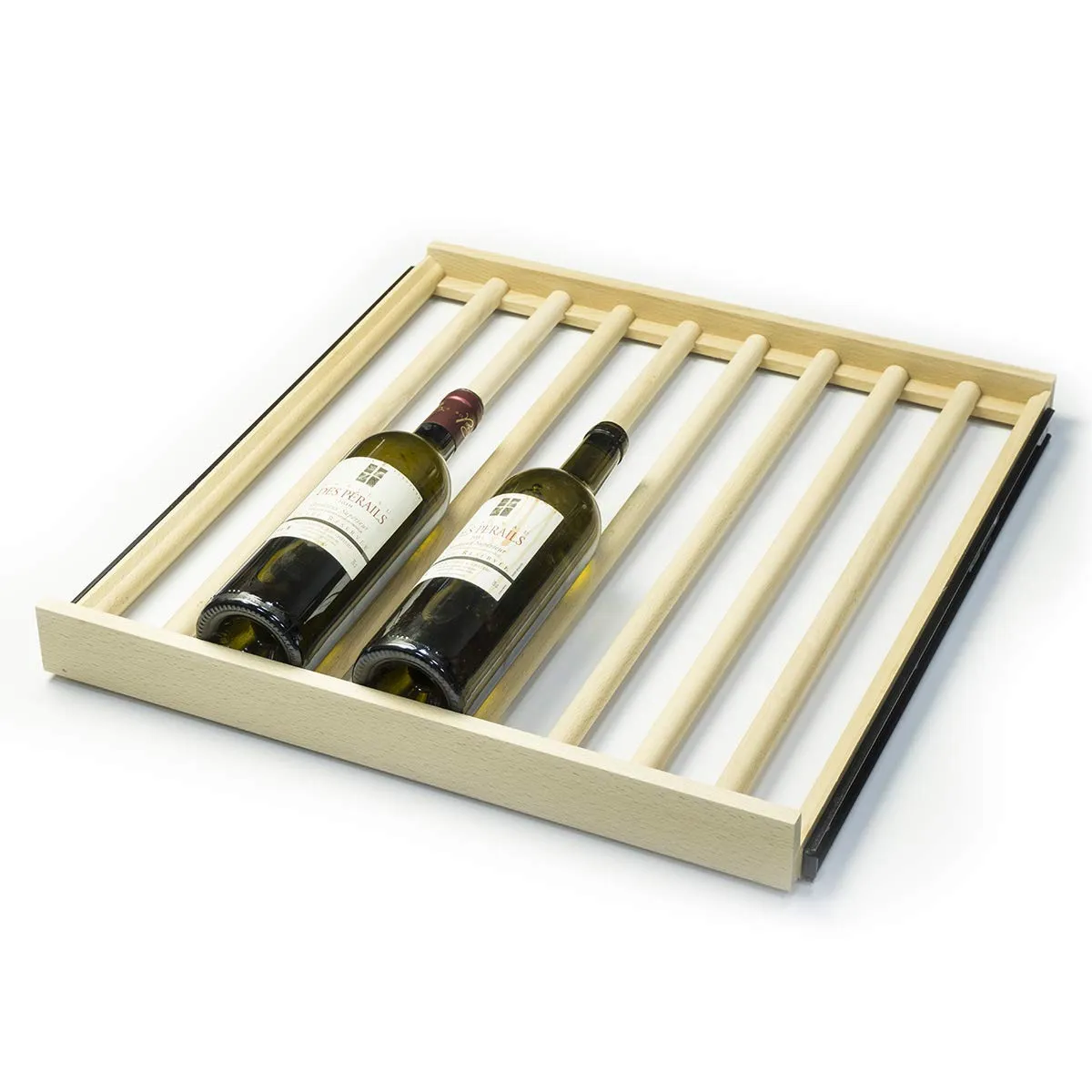 Dual zone wine cooler refrigerator with optimized full-extension pull-out wood shelves for the storage of California Large Red wine bottles. Equipped with Embraco inverter compressor