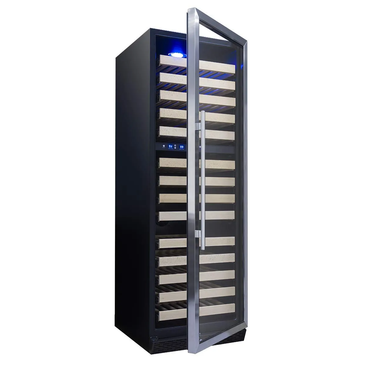 Dual zone wine cooler refrigerator with optimized full-extension pull-out wood shelves for the storage of California Large Red wine bottles. Equipped with Embraco inverter compressor