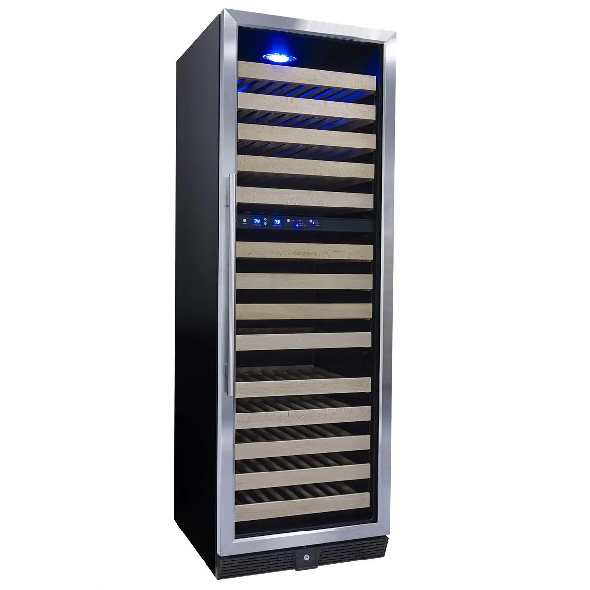 Dual zone wine cooler refrigerator with optimized full-extension pull-out wood shelves for the storage of California Large Red wine bottles. Equipped with Embraco inverter compressor