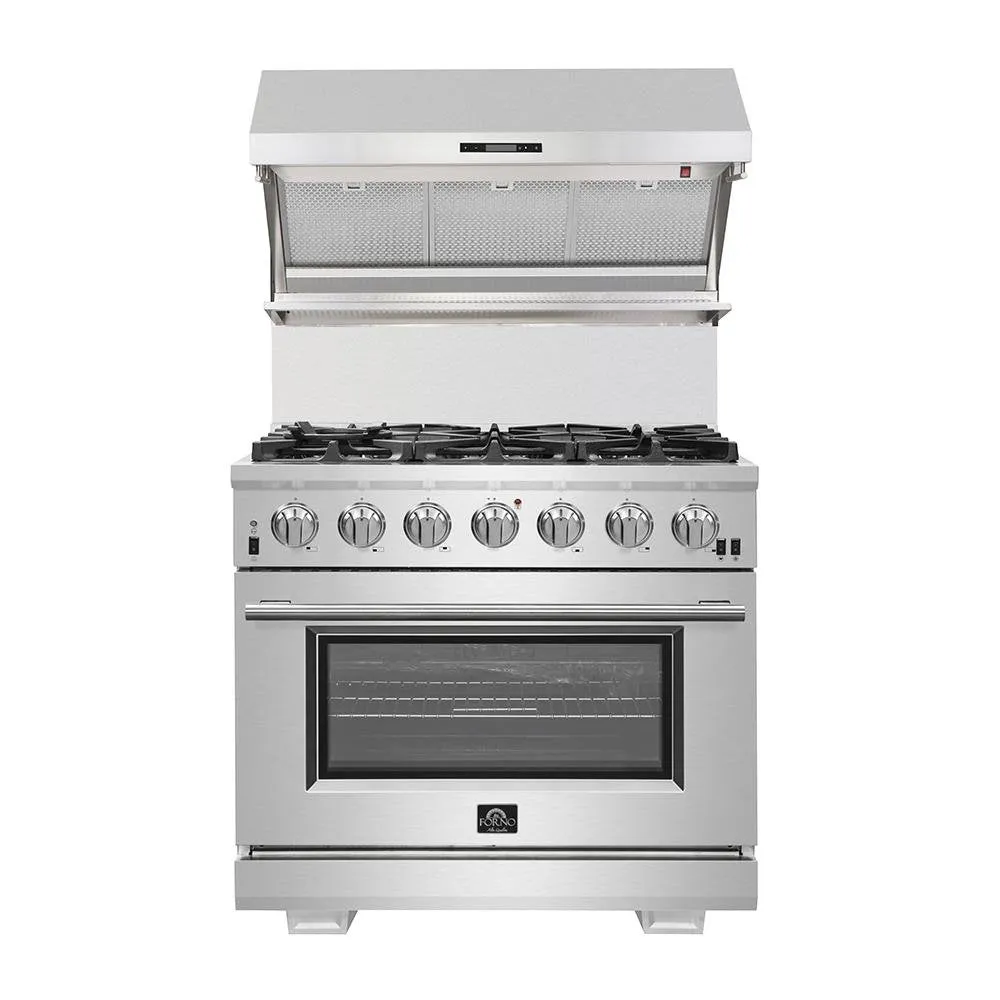 Forno 4-Piece Pro Appliance Package - 36-Inch Gas Range, Wall Mount Hood with Backsplash, 36-Inch French Door Refrigerator, and Dishwasher in Stainless Steel