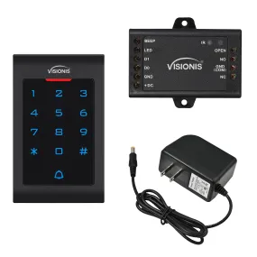 FPC-5671 Visionis VIS-3002 Access Control Indoor Only Plastic Housing Keypad Reader Standalone With Mini Controller, Wiegand 26 No Software EM Cards, 1000 Users With Doorbell   Power Supply Included
