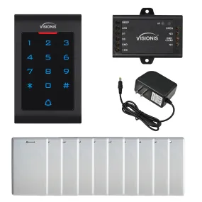 FPC-5672 VIS-3002 Access Control Indoor Only Plastic Housing Keypad Reader Standalone With Mini Controller, Wiegand 26 No Software, EM Cards 1000 Users   Power Supply   Pack Of 10 Proximity Cards