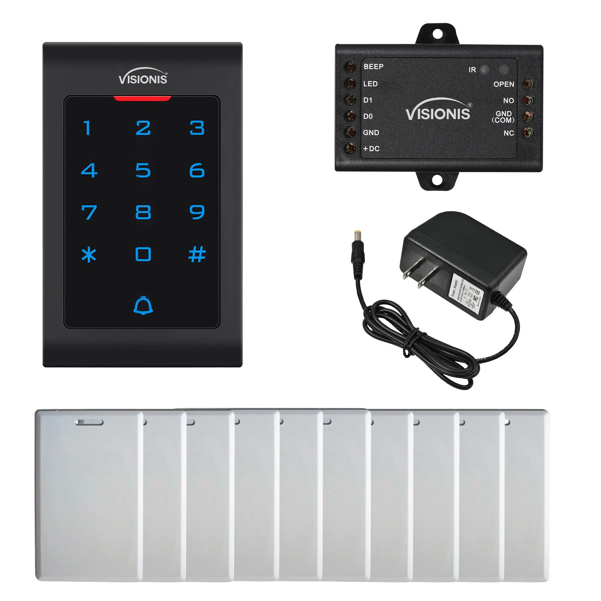 FPC-5672 VIS-3002 Access Control Indoor Only Plastic Housing Keypad Reader Standalone With Mini Controller, Wiegand 26 No Software, EM Cards 1000 Users   Power Supply   Pack Of 10 Proximity Cards