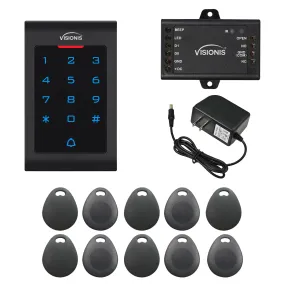 FPC-5674 VIS-3002 Access Control Indoor Only Plastic Housing Keypad Reader Standalone With Mini Controller, Wiegand 26 No Software, EM Card, 1000 Users   Pack Of 10 Key Fobs   Power Supply Included