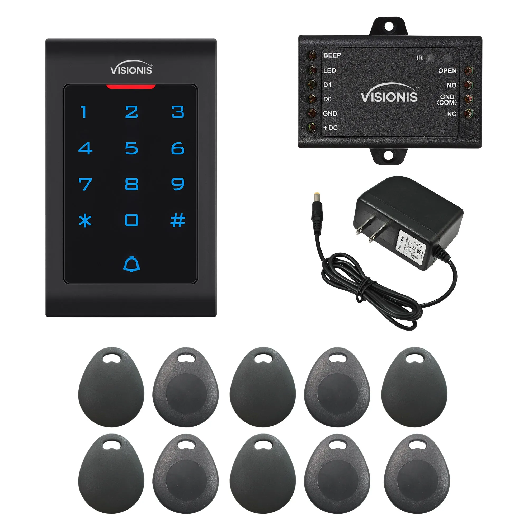 FPC-5674 VIS-3002 Access Control Indoor Only Plastic Housing Keypad Reader Standalone With Mini Controller, Wiegand 26 No Software, EM Card, 1000 Users   Pack Of 10 Key Fobs   Power Supply Included