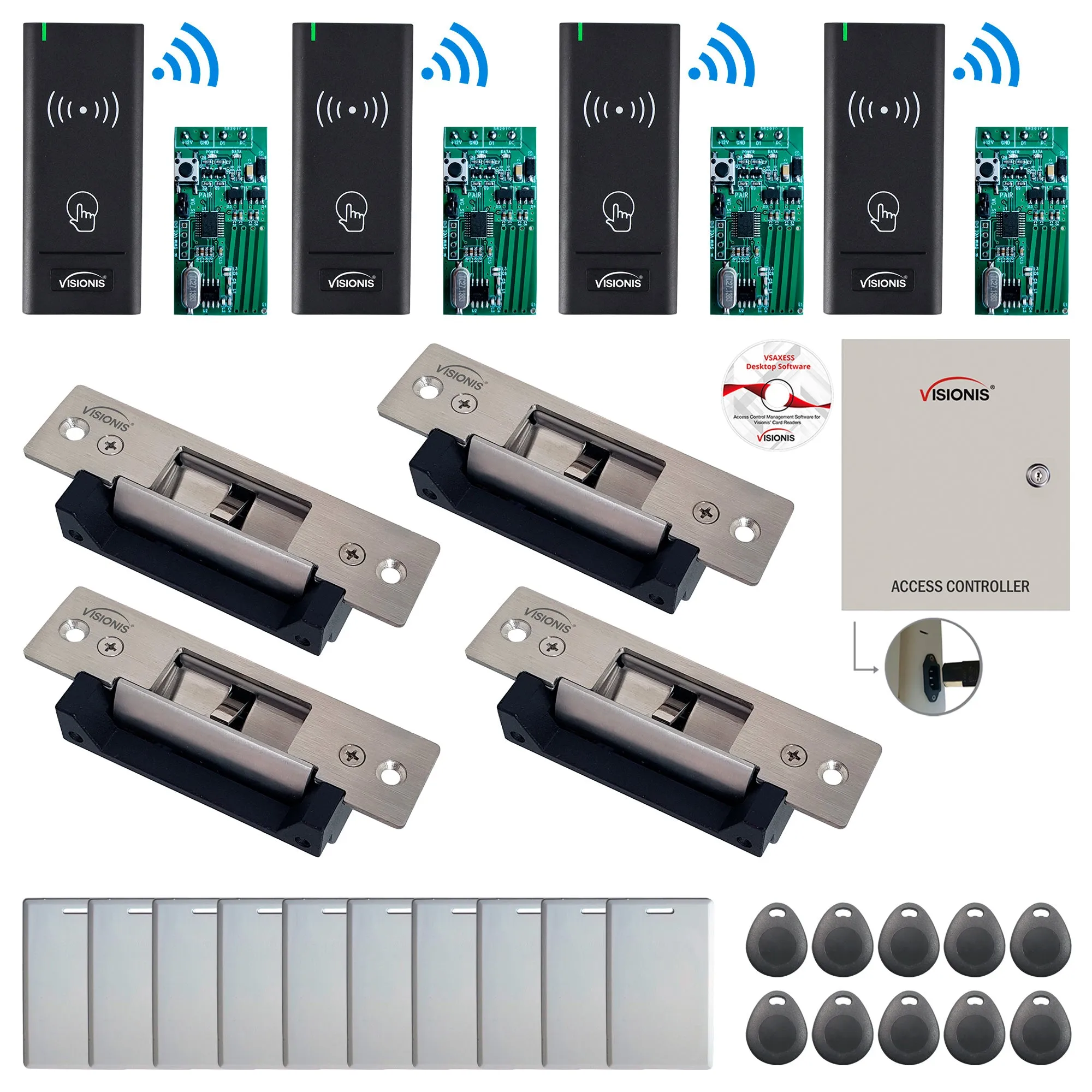 FPC-9002 Four Door Access Control Time Attendance TCP/IP RS485 Wiegand Controller Box   Electric Strike Fail Safe Fail Secure   Wireless Card Reader   Wireless Receiver PCB   Software Included Kit