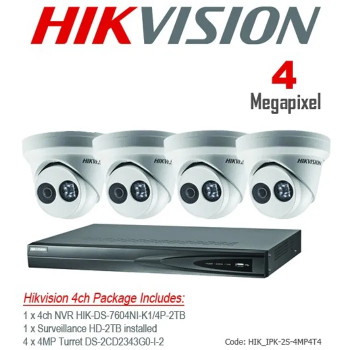 Hikvision 4-Channel NVR   4 x 4MP IR Turret EyeBall IP Outdoor Cameras CCTV Package