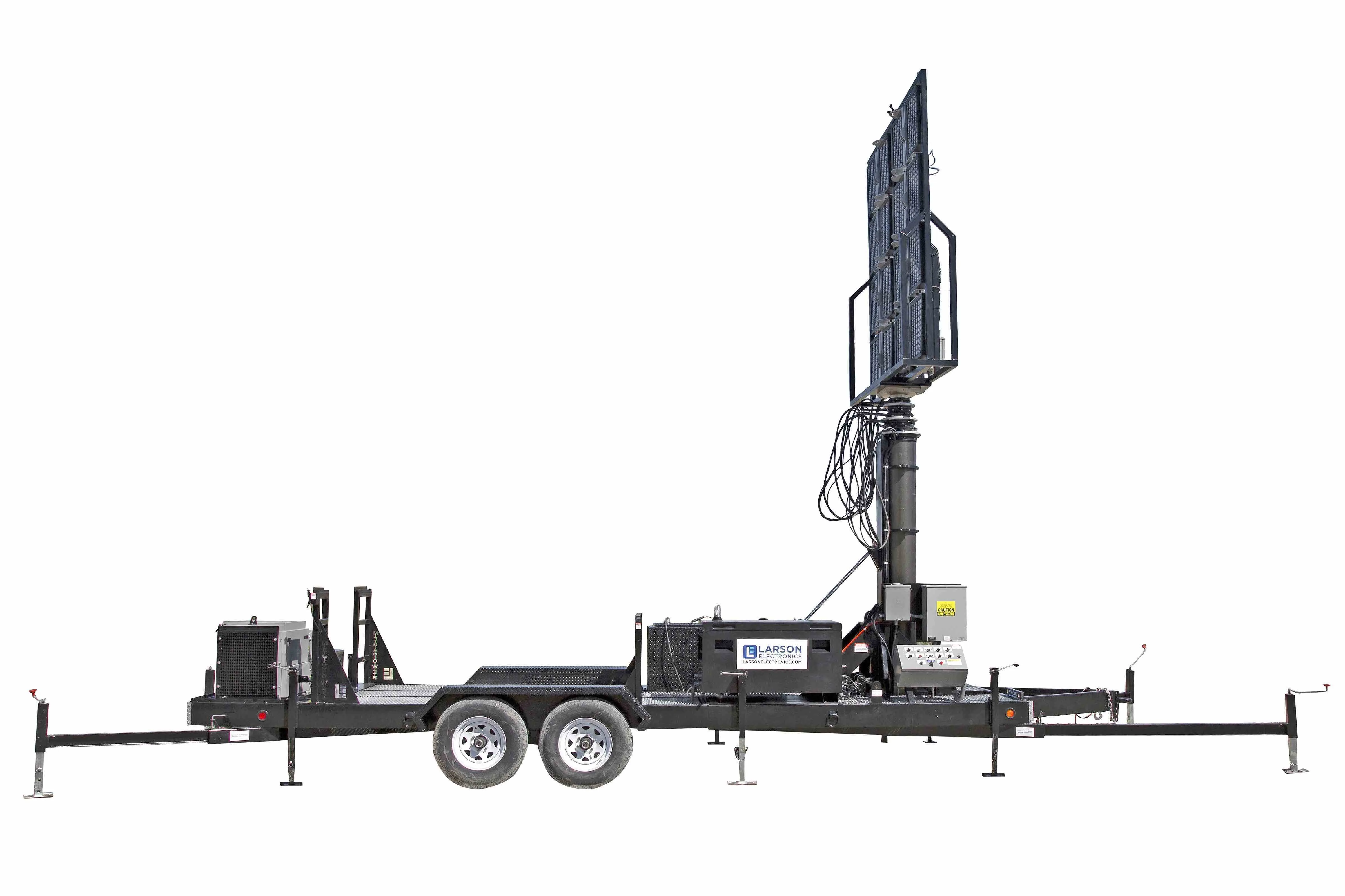 Larson Electronics 50' Pneumatic Megatower™ on 21' Trailer - (16) 500 Watt LED Lights, (4) Cameras, 2TB NVR, Router - 11KW Genset
