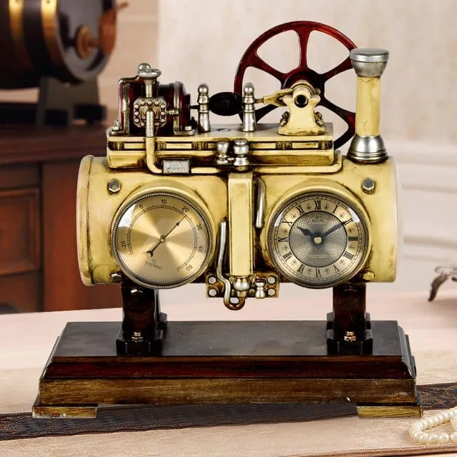 Retro Vintage Steam Engine Desktop Quartz Alarm Clock With Thermometer  and Roman Numeral Display