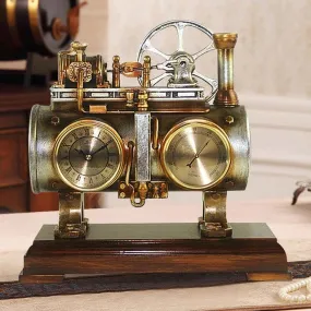 Retro Vintage Steam Engine Desktop Quartz Alarm Clock With Thermometer  and Roman Numeral Display