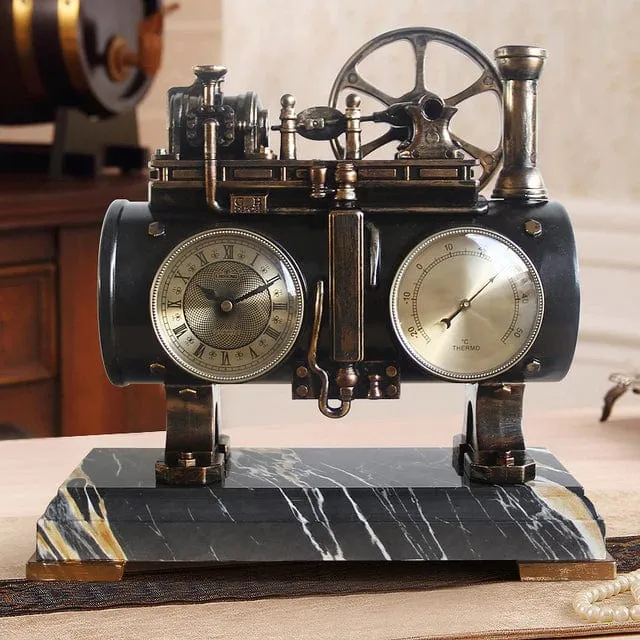 Retro Vintage Steam Engine Desktop Quartz Alarm Clock With Thermometer  and Roman Numeral Display