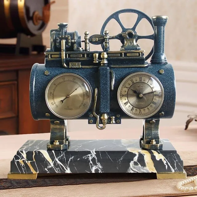 Retro Vintage Steam Engine Desktop Quartz Alarm Clock With Thermometer  and Roman Numeral Display