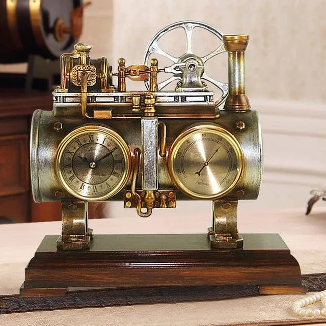 Retro Vintage Steam Engine Desktop Quartz Alarm Clock With Thermometer  and Roman Numeral Display