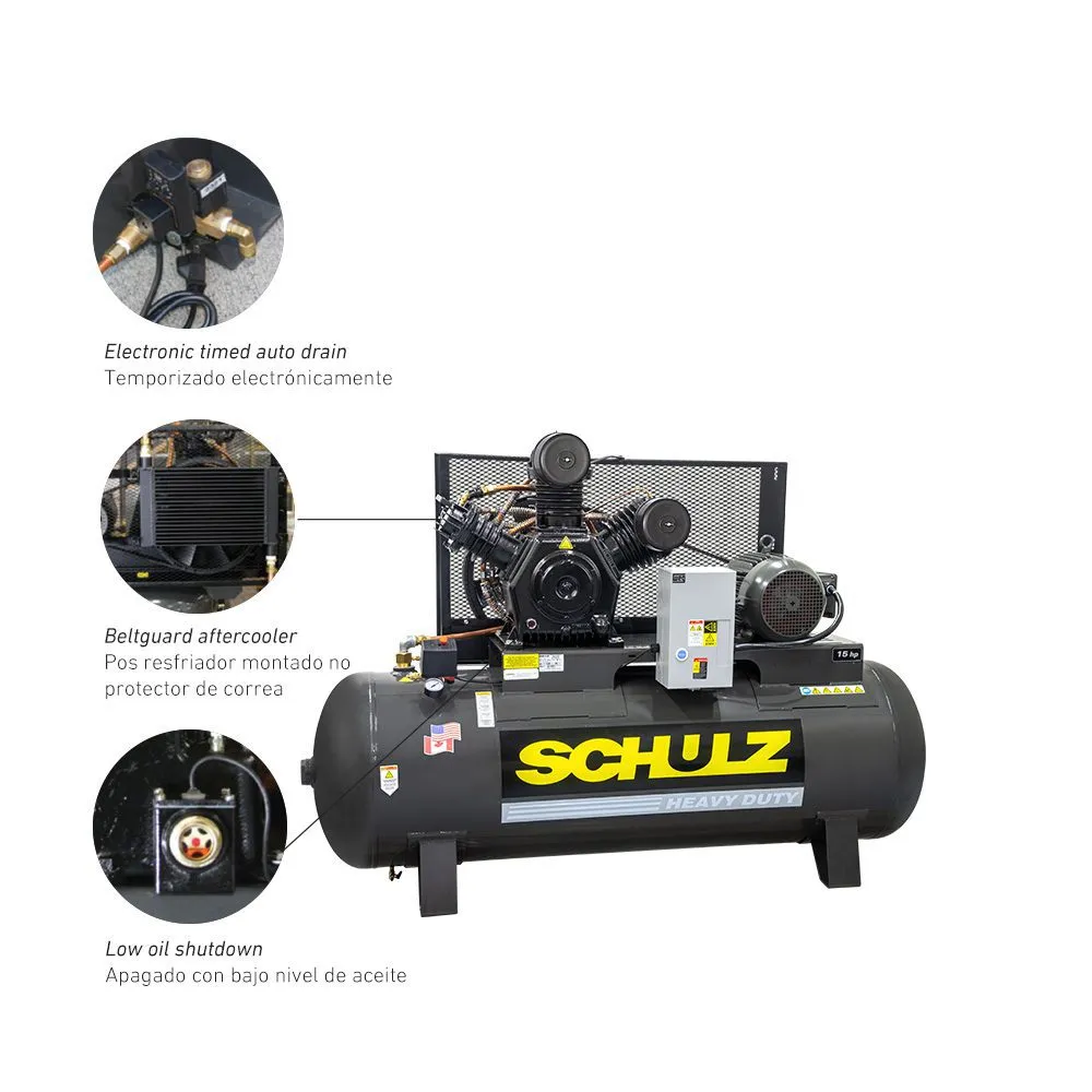 Schulz of America P15120HW60X-3  Premium - 15hp Reciprocating Air Compressor, 120 Gallon Horizontal Tank, MSW 60 MAX Pump, 45 CFM