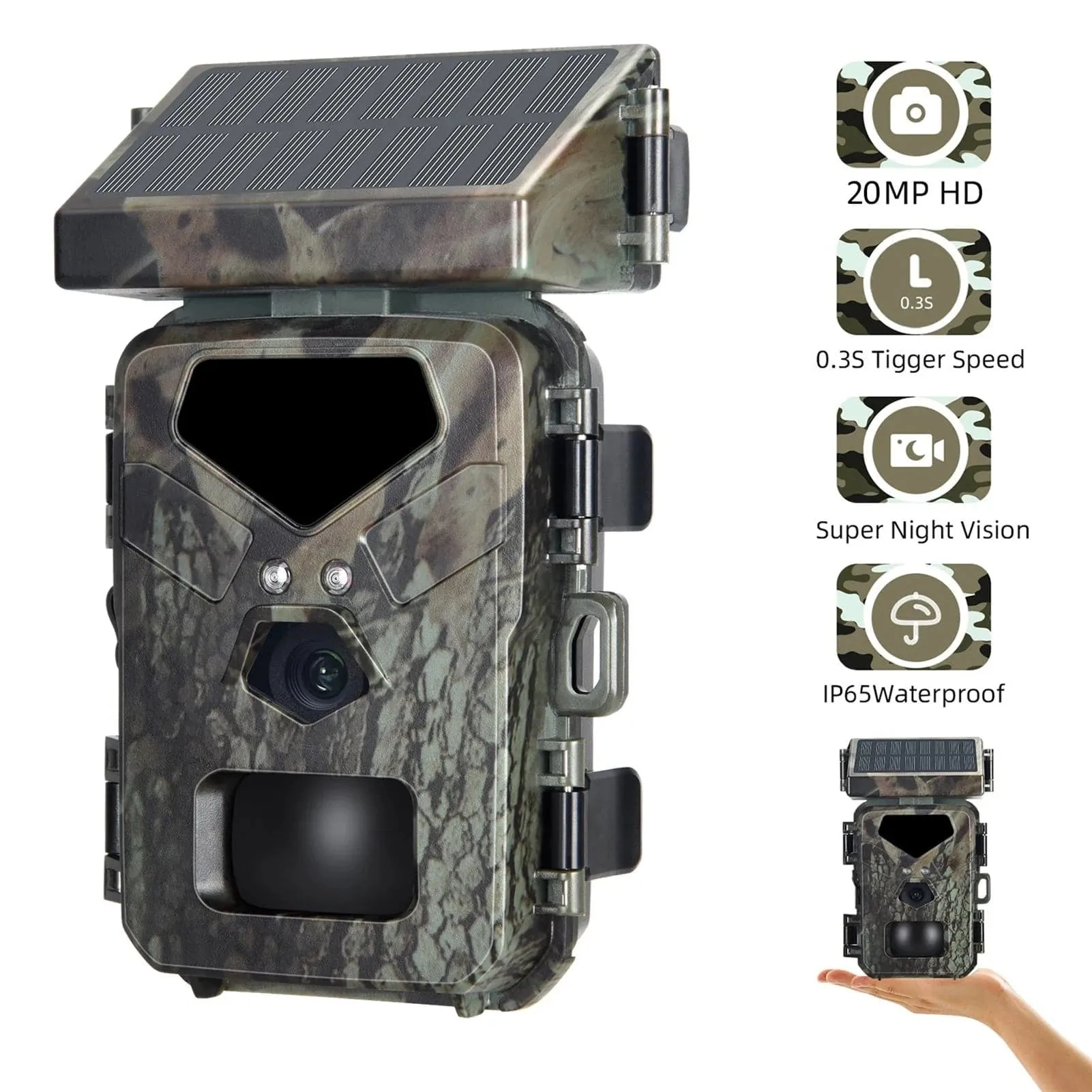 Solar Powered Night Vision Trail Camera 50MP 4K Hunting Cameras 0.3s Trigger Time Trail Camera for Wildlife Monitoring Hunting