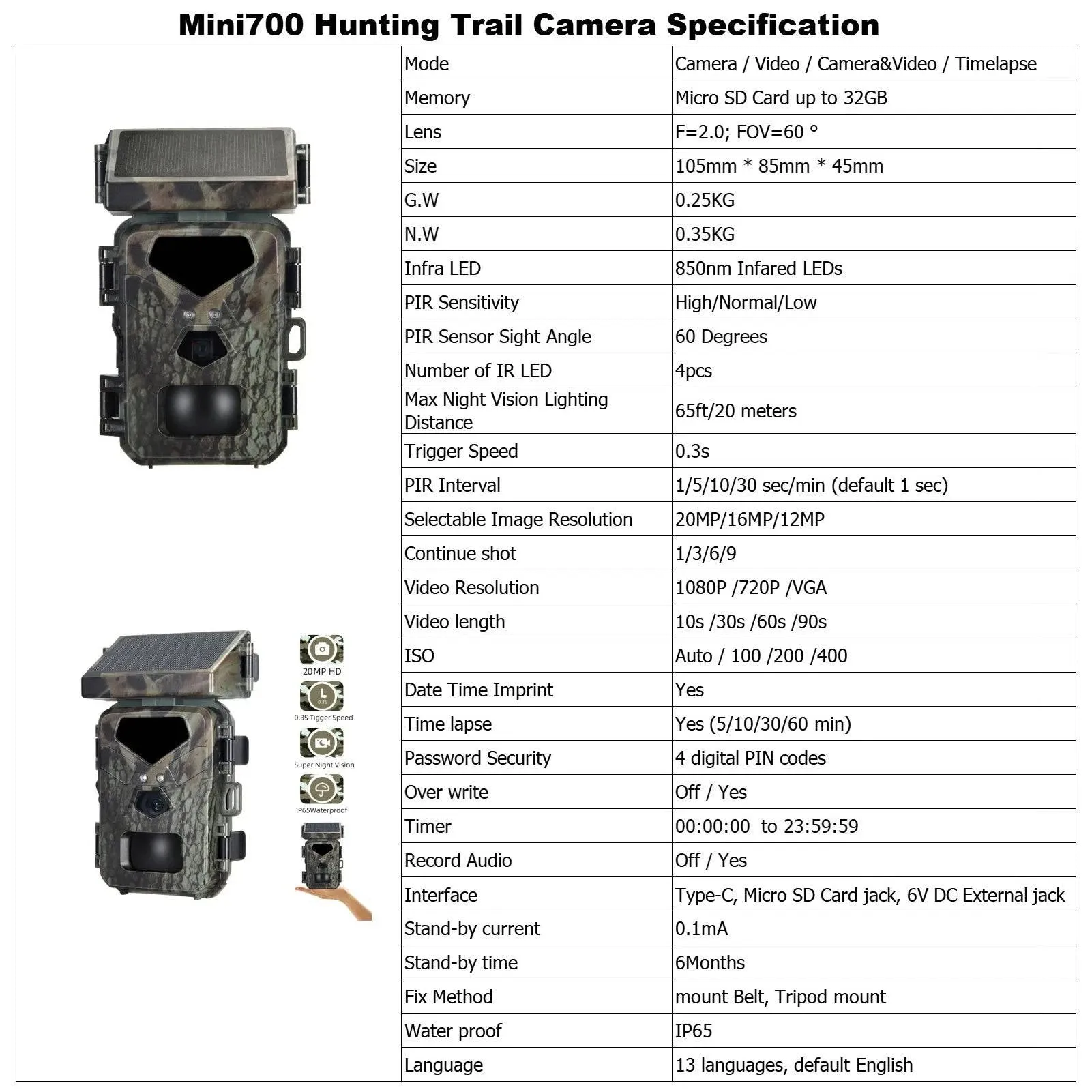 Solar Powered Night Vision Trail Camera 50MP 4K Hunting Cameras 0.3s Trigger Time Trail Camera for Wildlife Monitoring Hunting