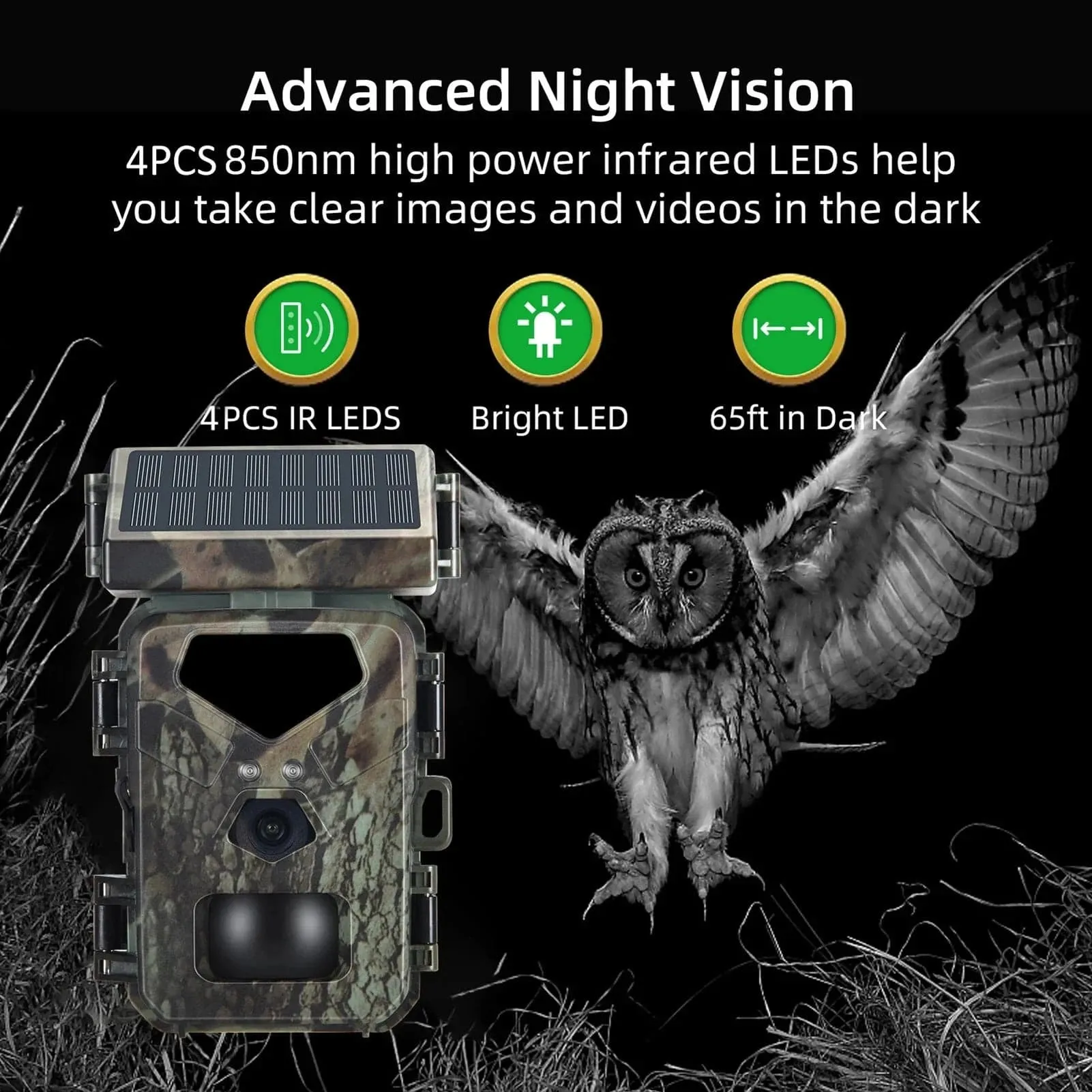 Solar Powered Night Vision Trail Camera 50MP 4K Hunting Cameras 0.3s Trigger Time Trail Camera for Wildlife Monitoring Hunting