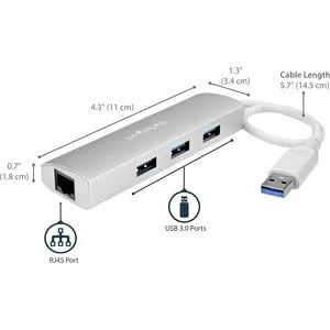 StarTech.com 3-Port Portable USB 3.0 Hub plus Gigabit Ethernet - USB - External - 3 USB Port(s) - 1 Network (RJ-45) Port(s) - 3 USB 3.0 Port(s) - PC, Mac, ChromeOS