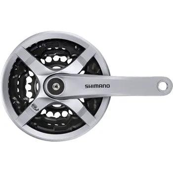 Tourney FC-TY501 Bicycle Crankset - 170mm, 6/7/8-Speed, 42/34/24t, Riveted, Square Taper JIS Spindle Interface, Silver
