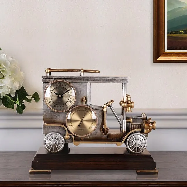 Vintage Automobile Car Ford T-4 Desktop Quartz Alarm Clock With Thermometer  and Roman Numeral Display