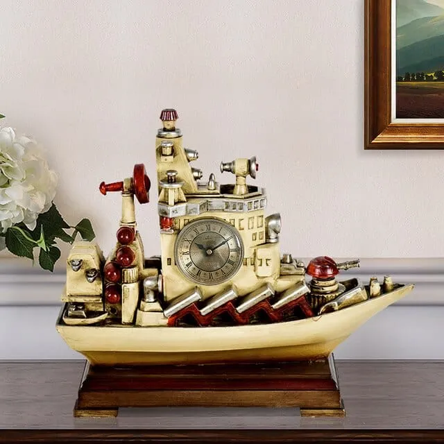Vintage Ship Desktop Quartz Alarm Clock and Roman Numeral Display