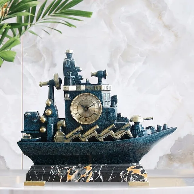 Vintage Ship Desktop Quartz Alarm Clock and Roman Numeral Display