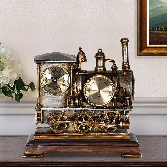 Vintage Train Desktop Quartz Alarm Clock With Thermometer and Roman Numeral Display