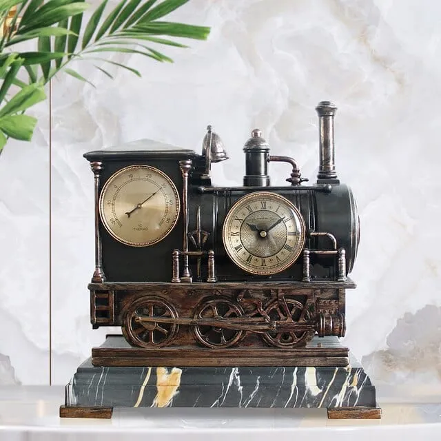 Vintage Train Desktop Quartz Alarm Clock With Thermometer and Roman Numeral Display