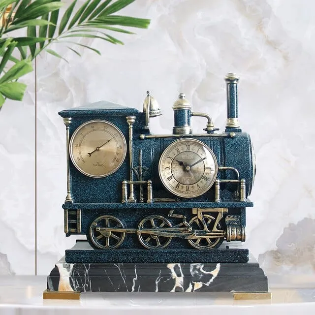 Vintage Train Desktop Quartz Alarm Clock With Thermometer and Roman Numeral Display