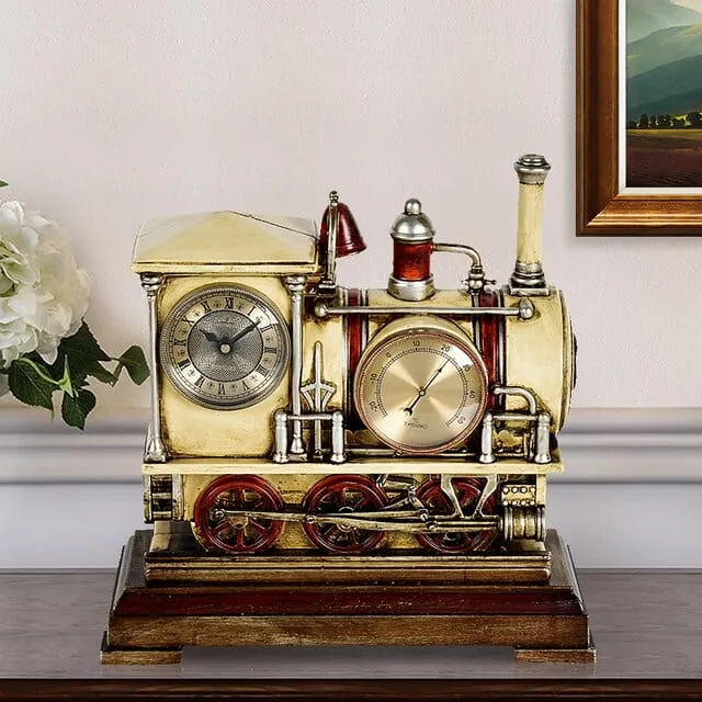 Vintage Train Desktop Quartz Alarm Clock With Thermometer and Roman Numeral Display
