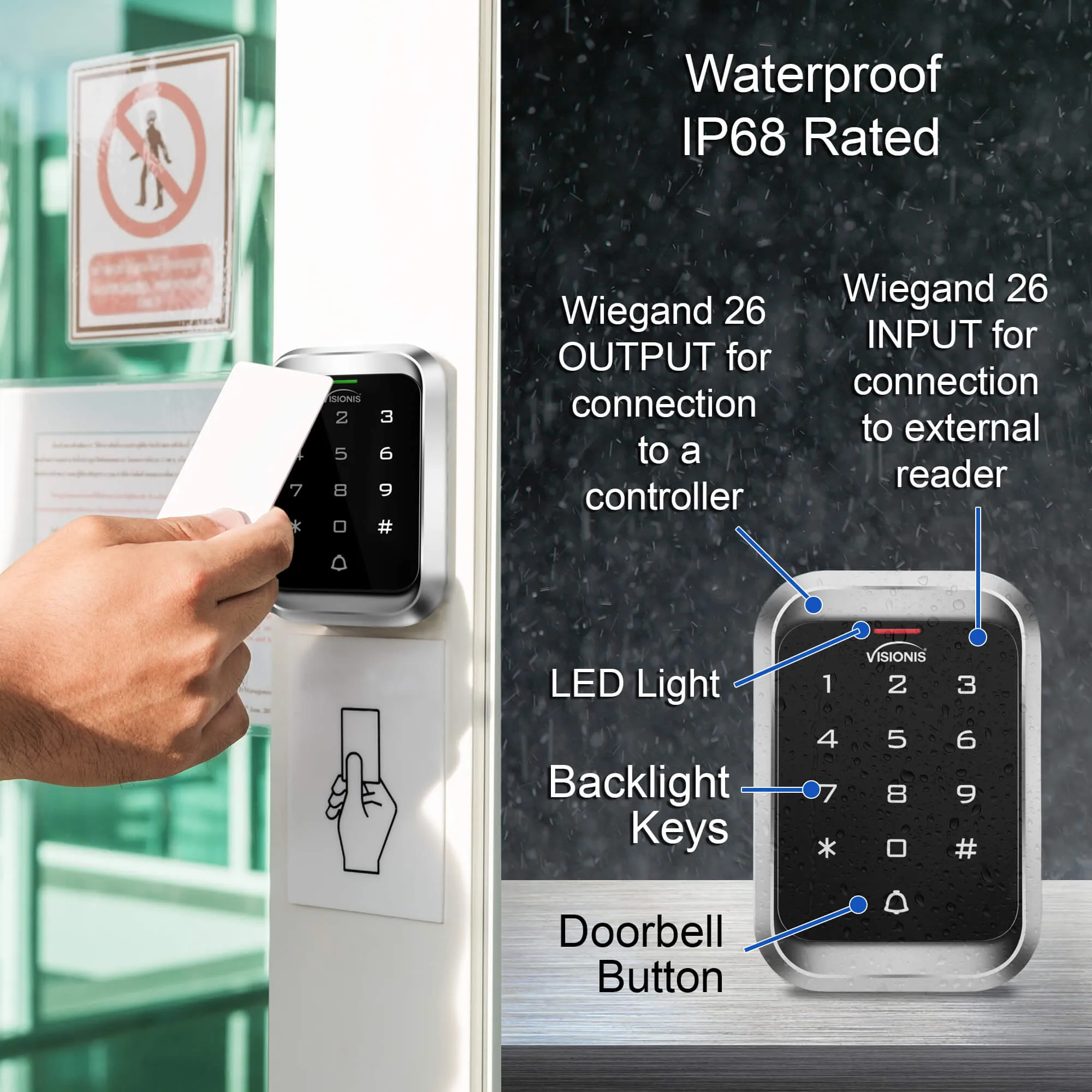 Visionis FPC-5145-B One Door Access Control Out Swinging Door 300lbs Maglock   VIS-3000 Outdoor Keypad/Reader Standalone With Mini Controller   Wiegand 26, No Software, EM Card, Wireless Receiver Kit
