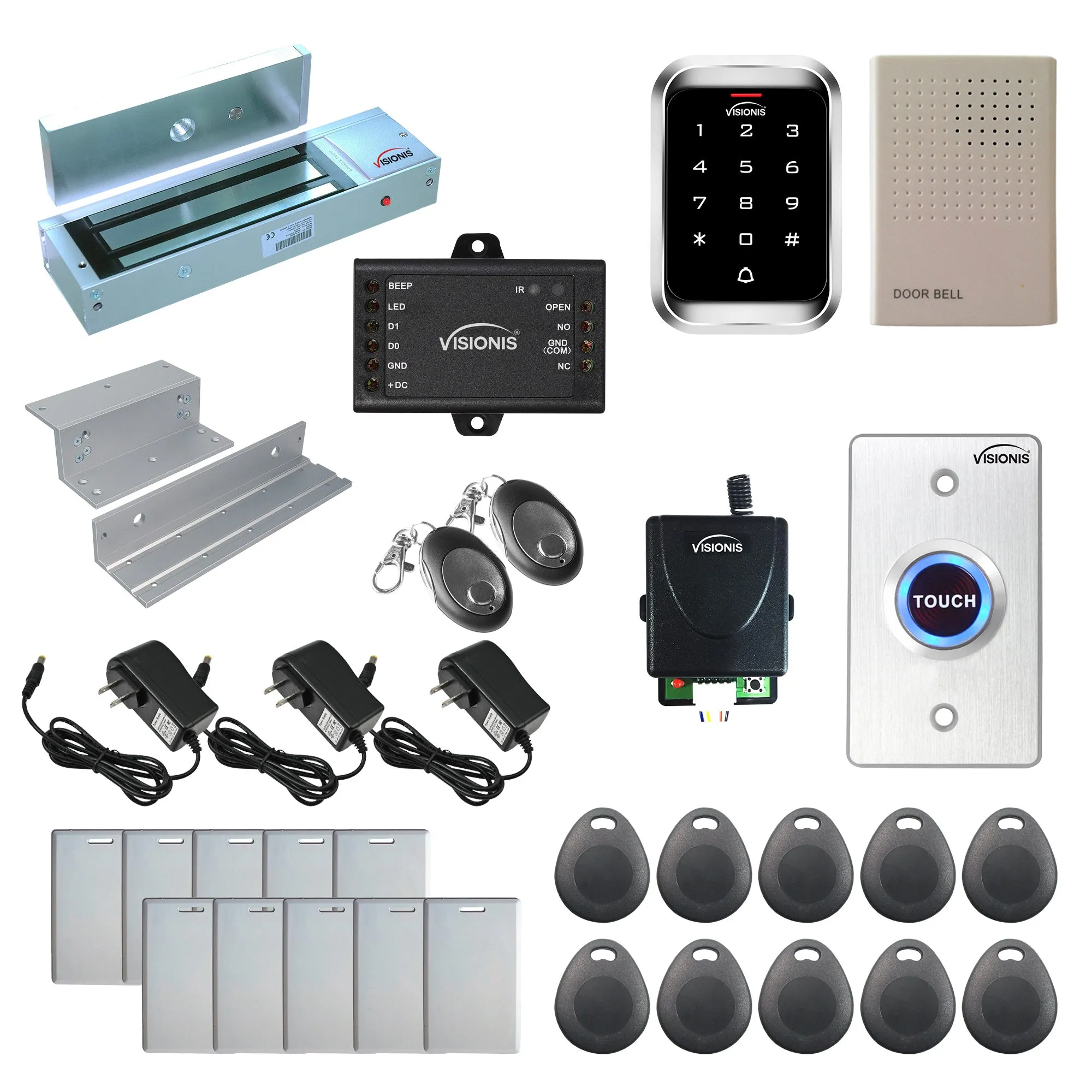 Visionis FPC-5295 One Door Access Control In Swinging Door 1200lbs Maglock   Outdoor Keypad/Reader Standalone   Mini Controller   Wiegand 26, No Software, EM Card, 1000 Users, Wireless Receiver Kit