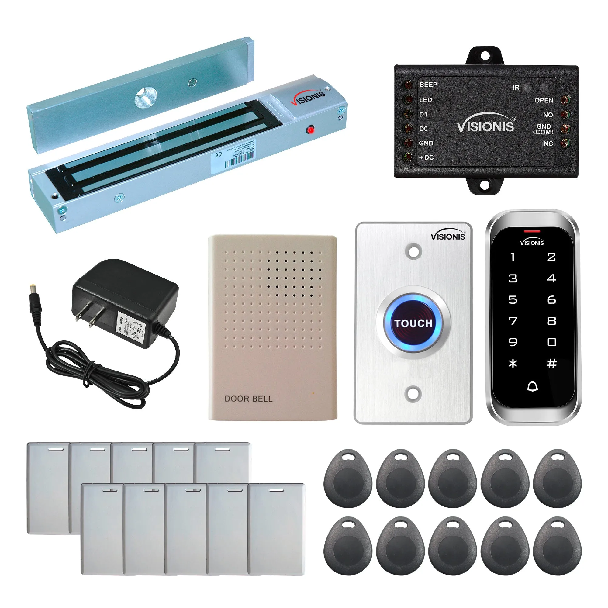Visionis FPC-5592 One Door Access Control Out Swinging Door 600lbs Maglock   Slim Outdoor Digital Touch Keypad / Reader Standalone With Mini Controller   Wiegand 26, No Software, EM Card, 1000 Users