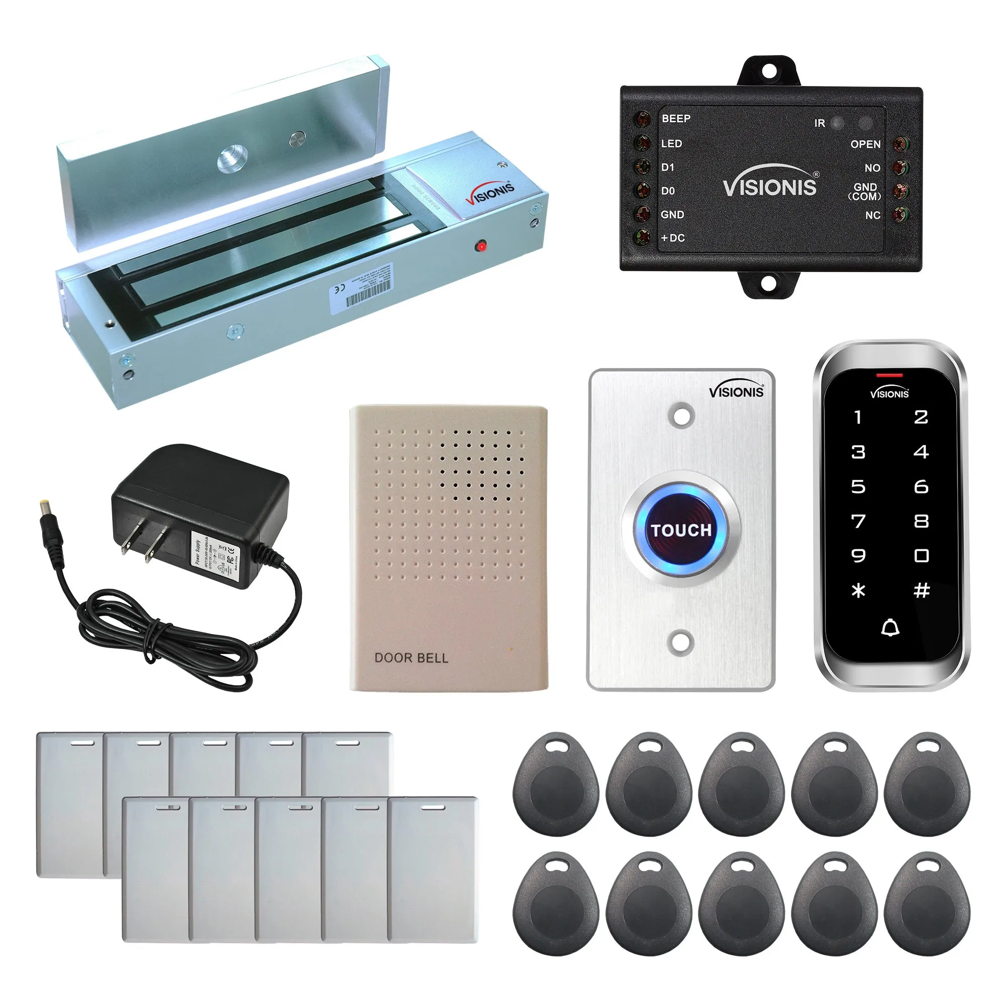 Visionis FPC-5596 One Door Access Control Out Swinging Door 1200lbs Maglock   Slim Outdoor Digital Touch Keypad/ Reader Standalone   Mini Controller   Wiegand 26, No Software, EM Card, 1000 Users Kit