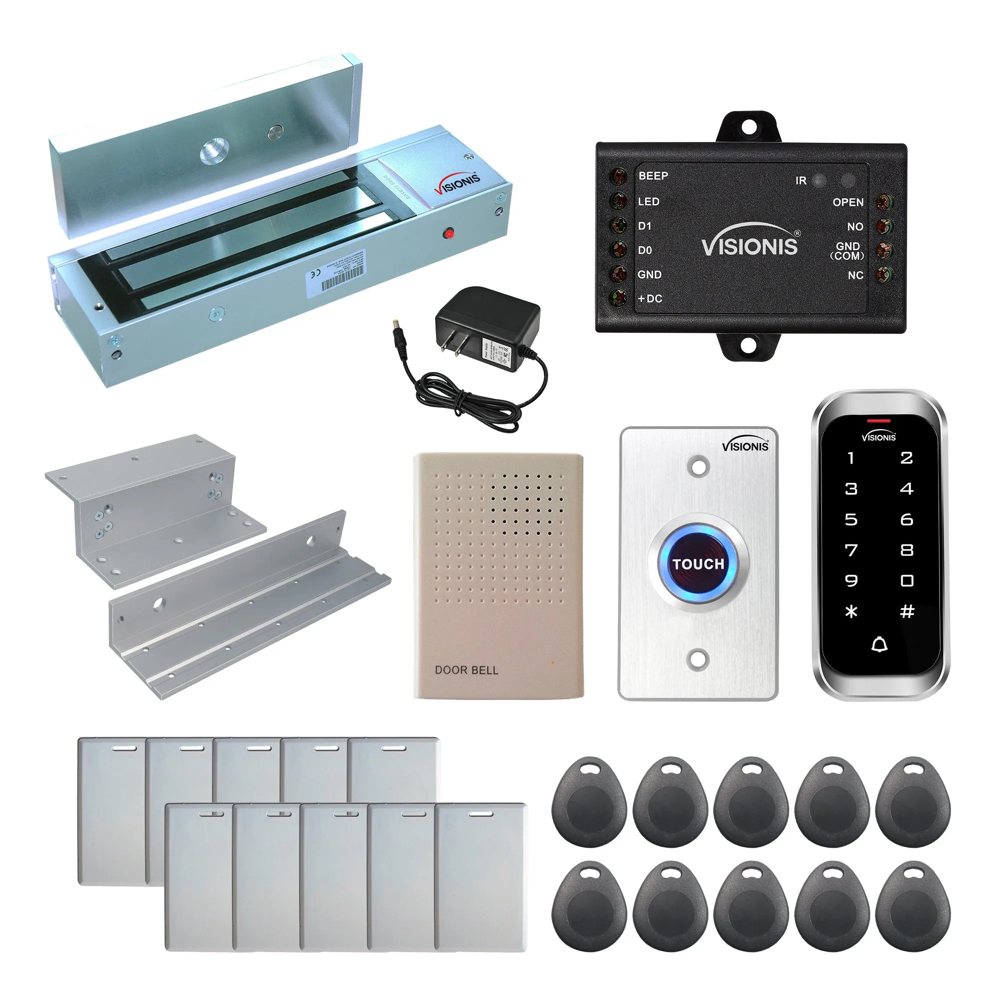 Visionis FPC-5597 One Door Access Control In Swinging Door 1200lbs Maglock   Slim Outdoor Digital Touch Keypad/ Reader Standalone   Mini Controller   Wiegand 26, No Software, EM Card, 1000 Users Kit